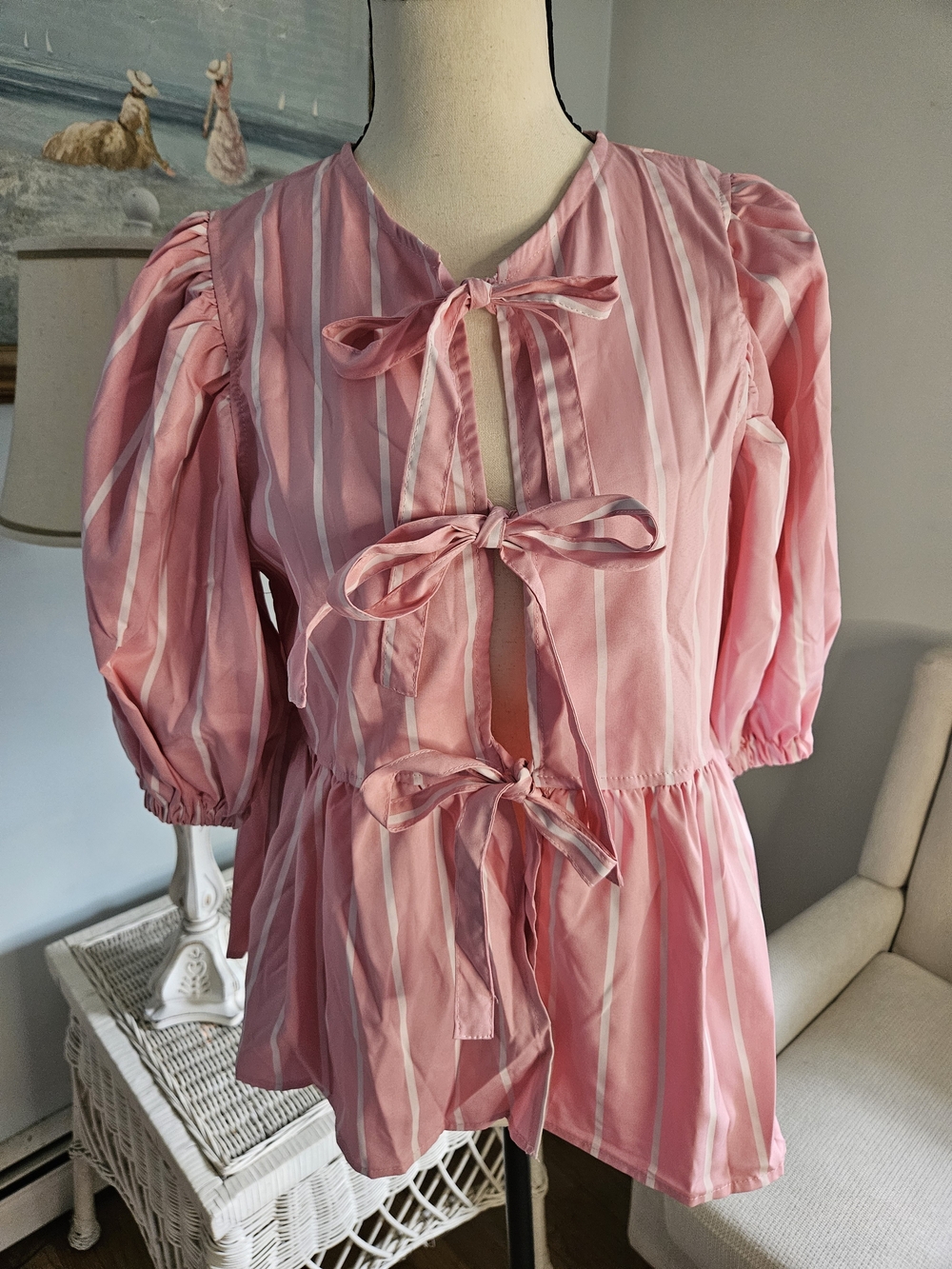 Pink Striped Tie-Front Peplum Blouse with Puff Sleeves
